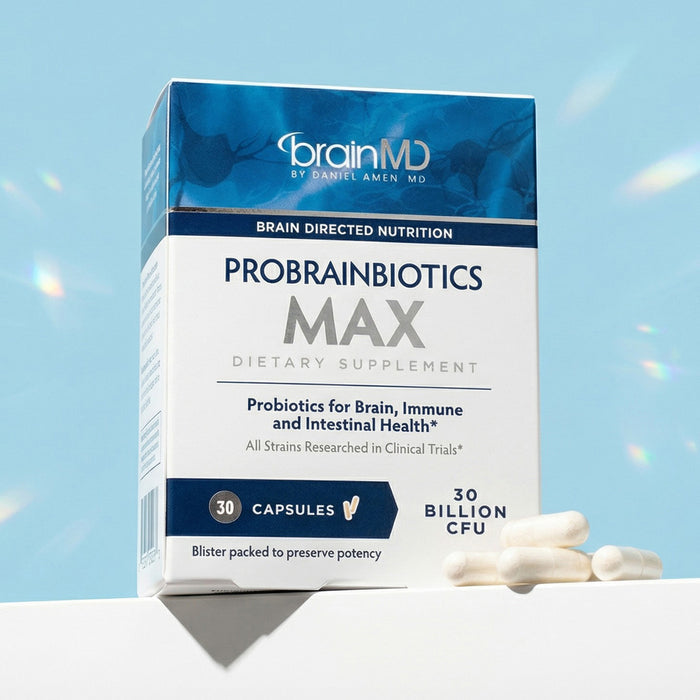 Blue supplement box with white capsules at the base against a powder blue background.