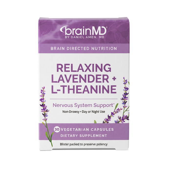 A box of brainMD Relaxing Lavender + L-Theanine dietary supplement capsules