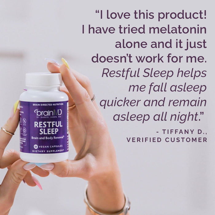 BrainMD Restful Sleep: infographic, woman's hands holding purple supplement bottle with customer review on the side