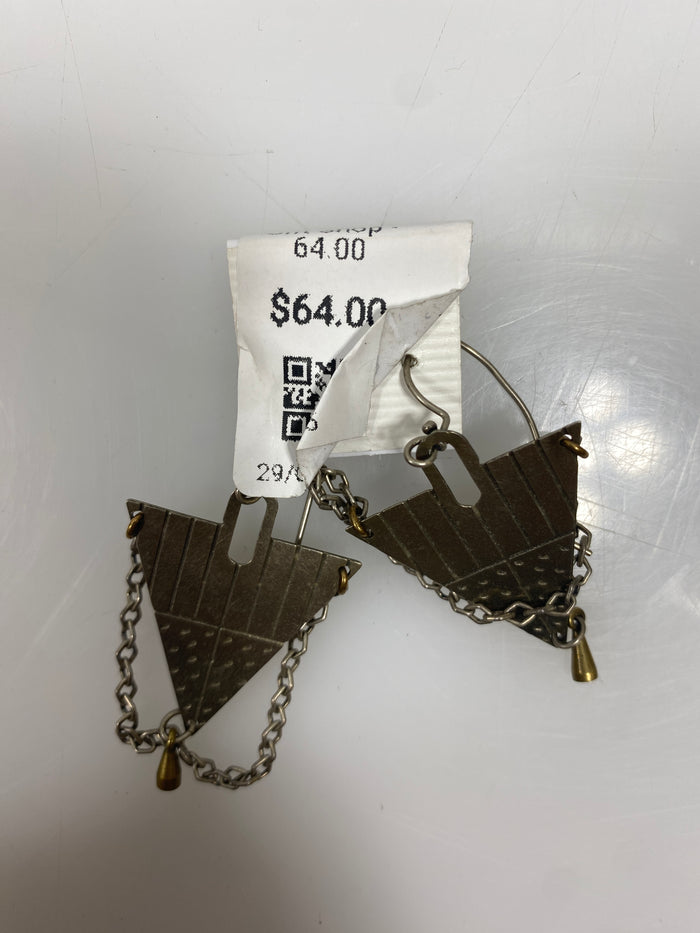 Rusted Gold Textured Triangle Dangle Chain Earrings