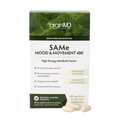 BrainMD SAMe Mood & Movement 400: image of a green & white supplement box and white capsules against a transparent background