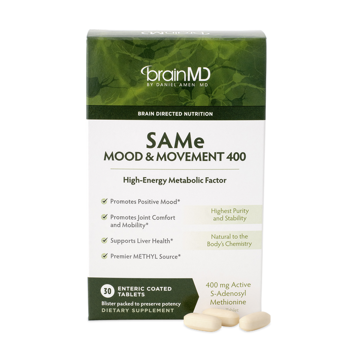 BrainMD SAMe Mood & Movement 400: image of a green & white supplement box and white capsules against a transparent background