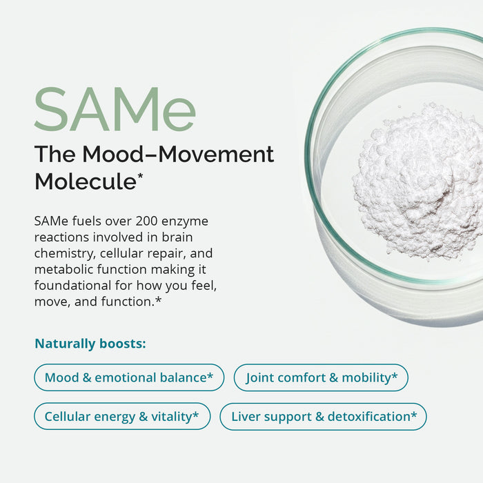 BrainMD SAMe Mood & Movement 400: infographic, glass container containing white powder with brief ingredient description