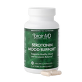 BrainMD Serotonin Mood Support: green supplement bottle with capsules at the base against a transparent background