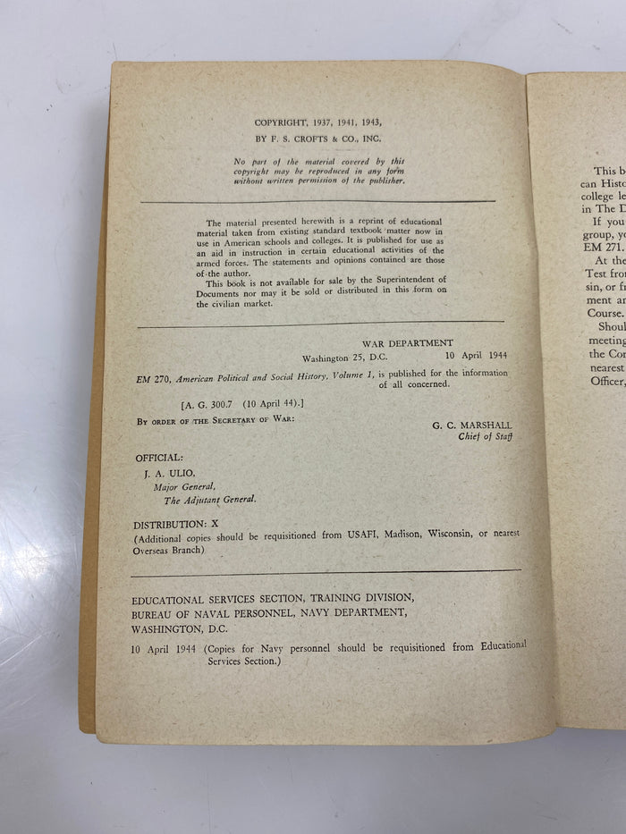 Set of 2: American Political and Social History Vol 1-2 War Department 1943 SC