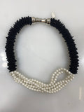Silver Beaded Pearl Black Charm Clasp Necklace