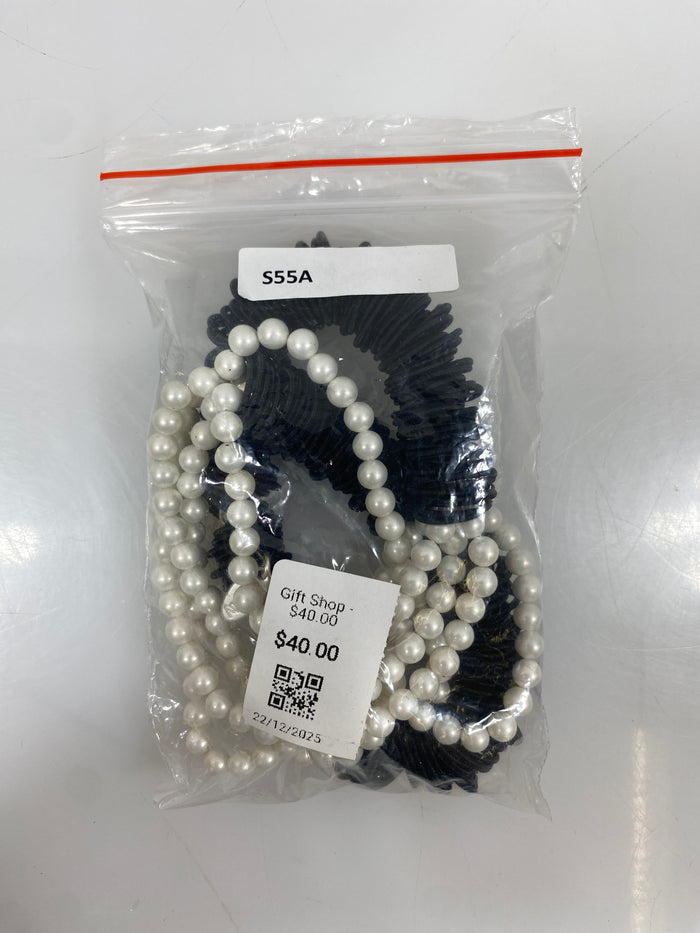 Silver Beaded Pearl Black Charm Clasp Necklace