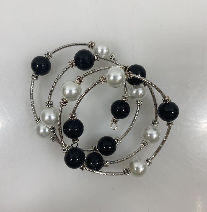 Silver Black and White Beaded Wrap Bracelet