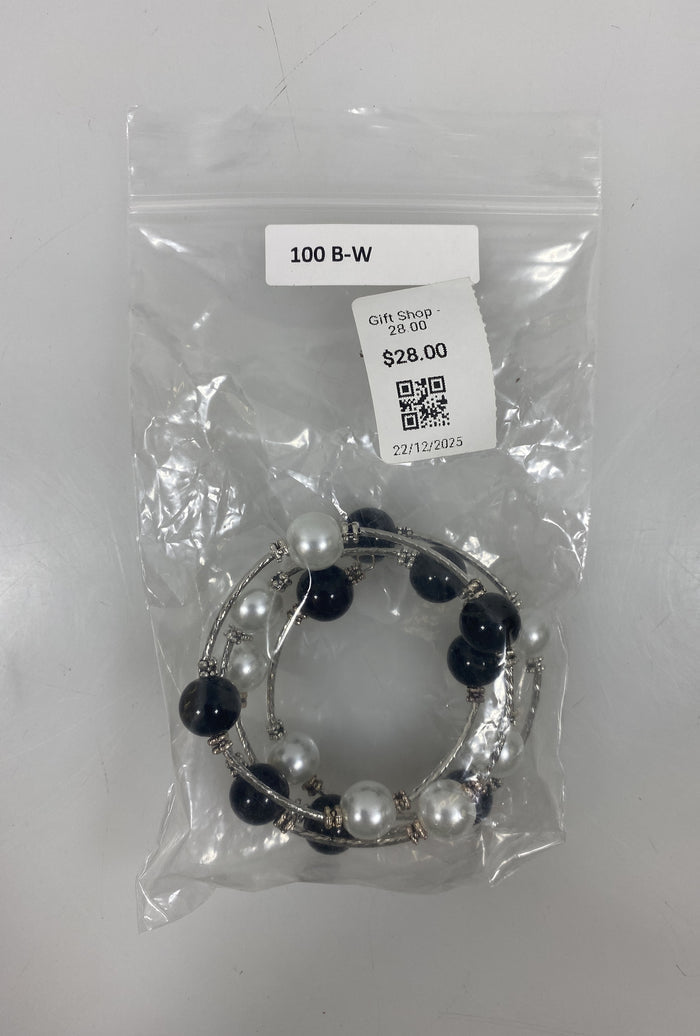 Silver Black and White Beaded Wrap Bracelet