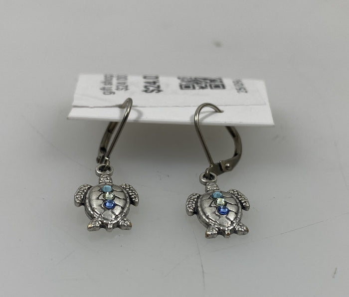 Silver Blue and Purple Crystal Turtle Earrings