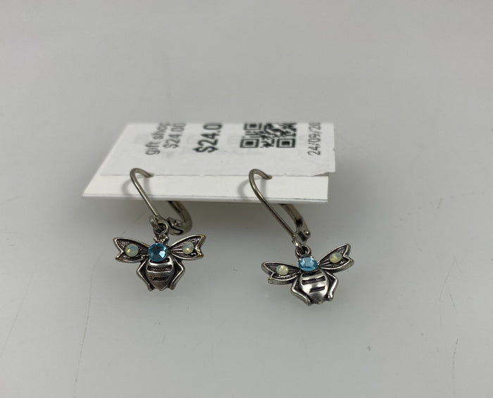 Silver Blue Crystal Bee Earrings