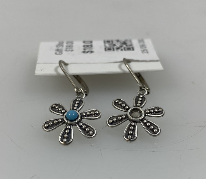 Silver Blue Crystal Granulated Flower Earrings