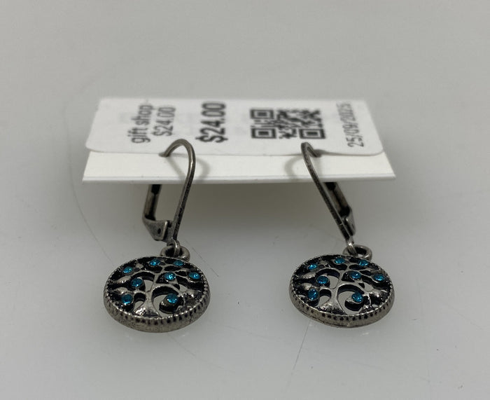 Silver Blue Crystal Tree of Life Earrings