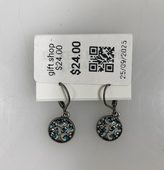 Silver Blue Crystal Tree of Life Earrings