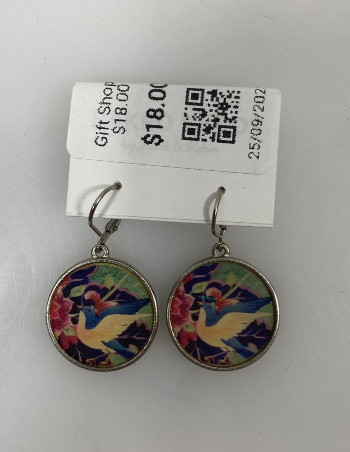 Silver Enamel Blue Bird In Flight Dangle Earrings