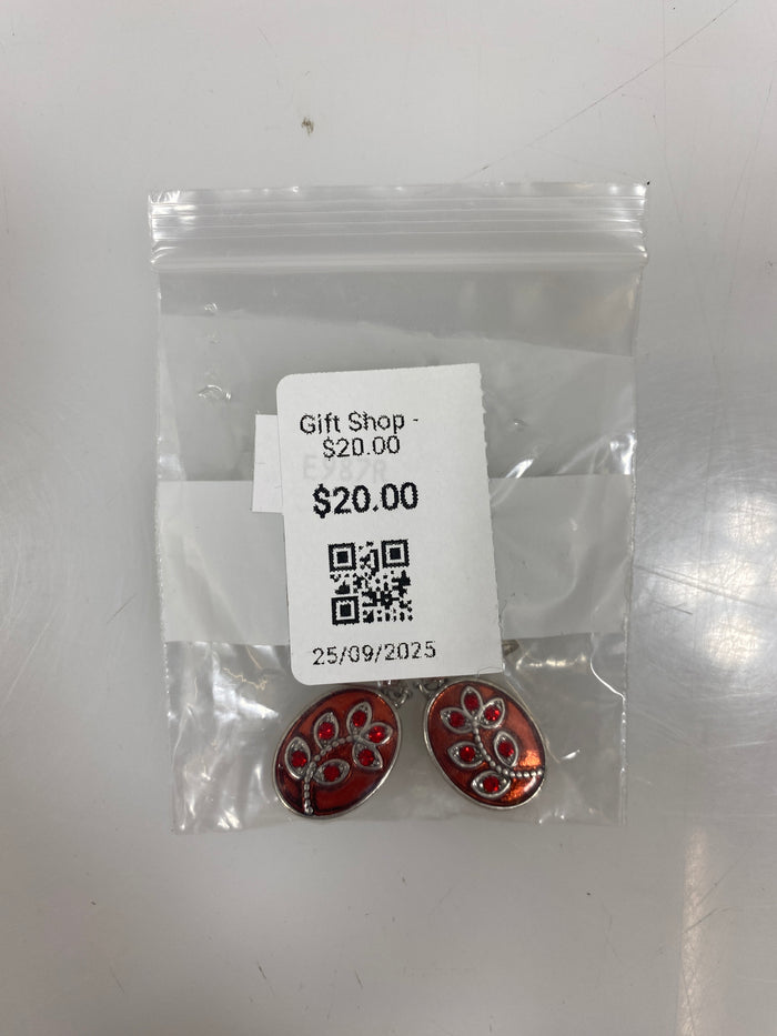 Silver Enamel Red Flower Earrings