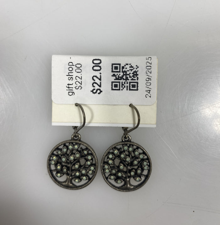 Silver Enamel Teal Gem Tree Earrings