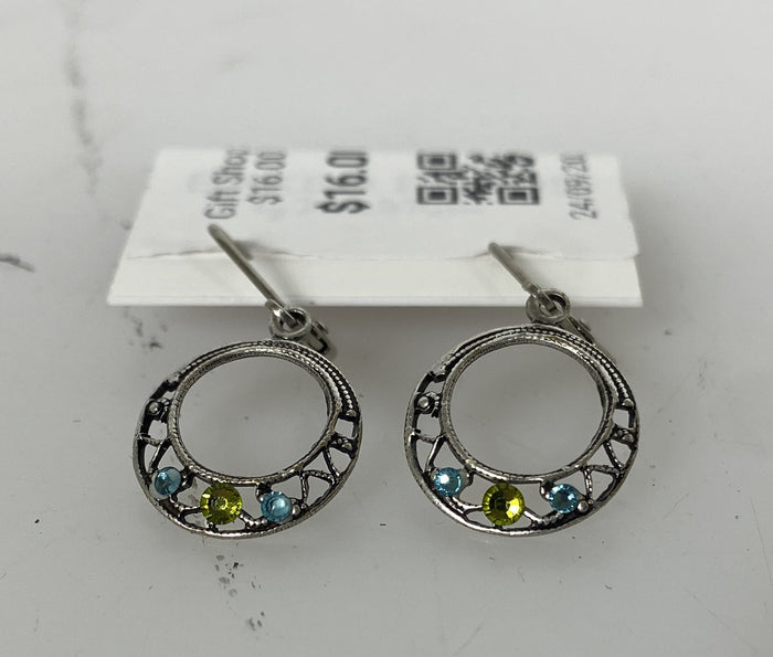 Silver Filigree Blue and Green Crystal Hoop Earrings