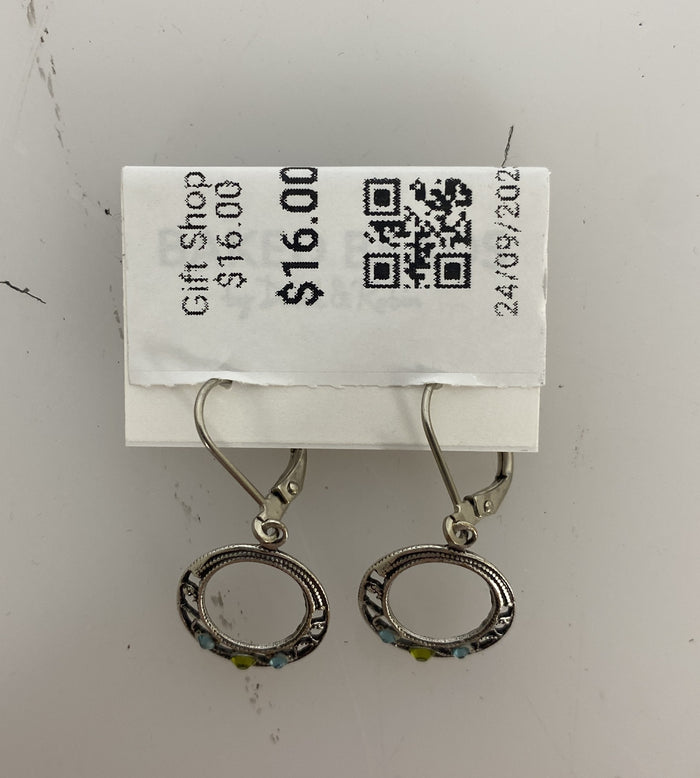Silver Filigree Blue and Green Crystal Hoop Earrings