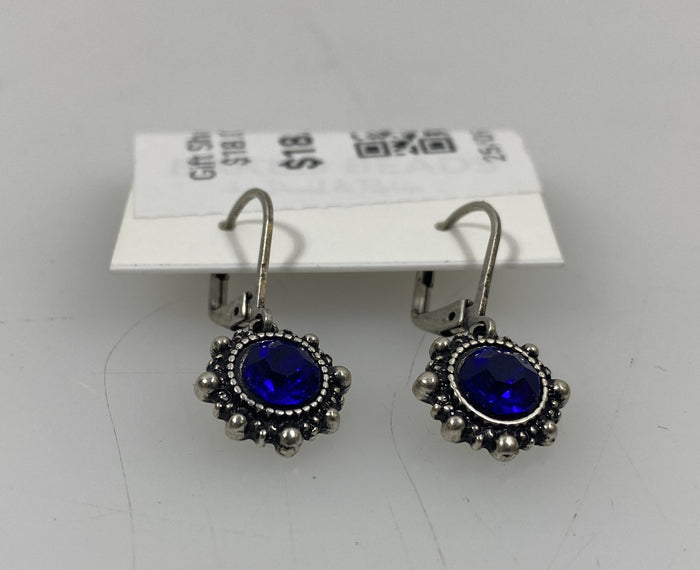 Silver Granulated Blue Crystal Earrings