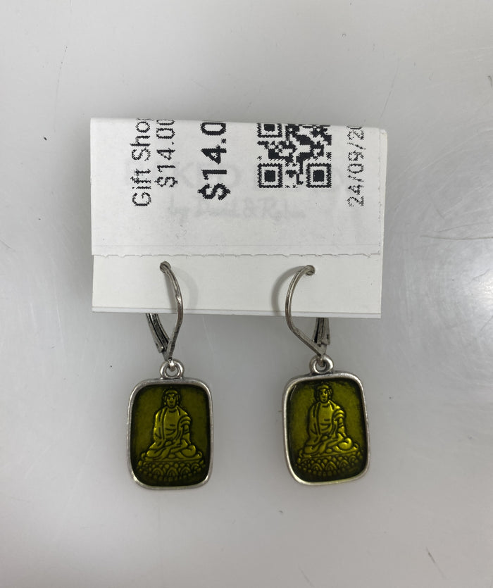 Silver Green Buddha Pendant Earrings
