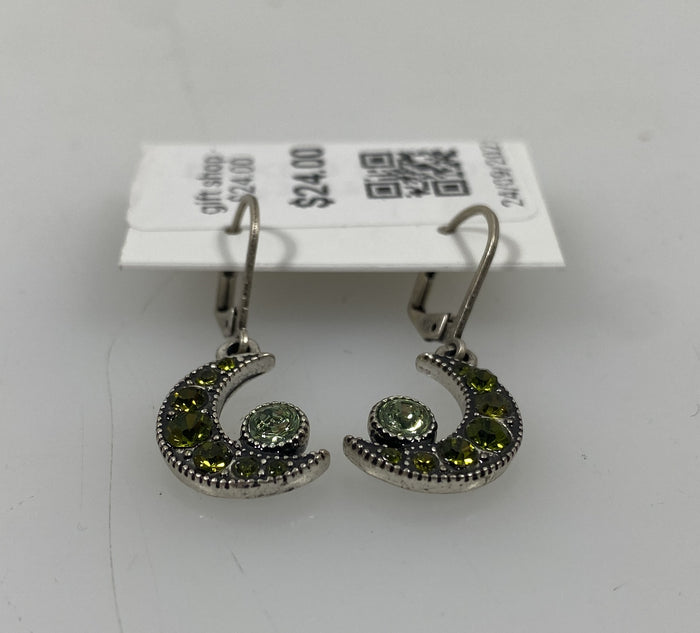 Silver Green Crystal Moon Earrings