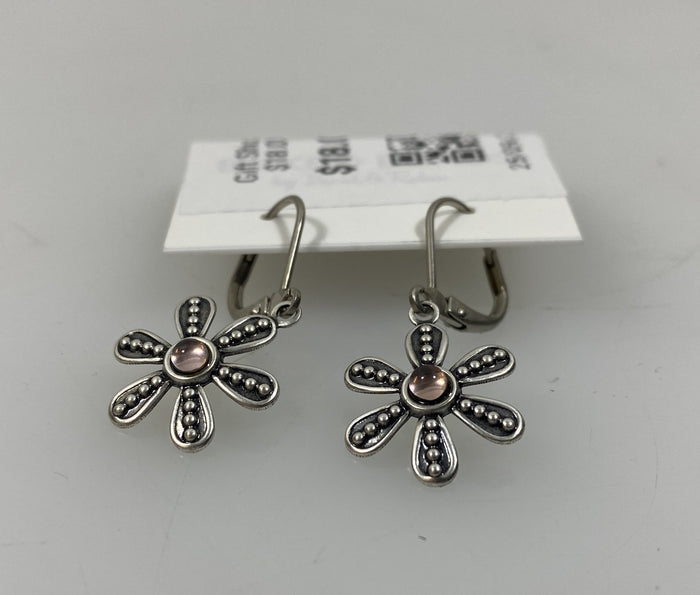 Silver Light Pink Crystal Granulated Flower Earrings