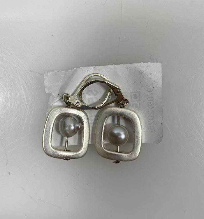 Silver Opalescent Pearl Wire Dangle Earrings