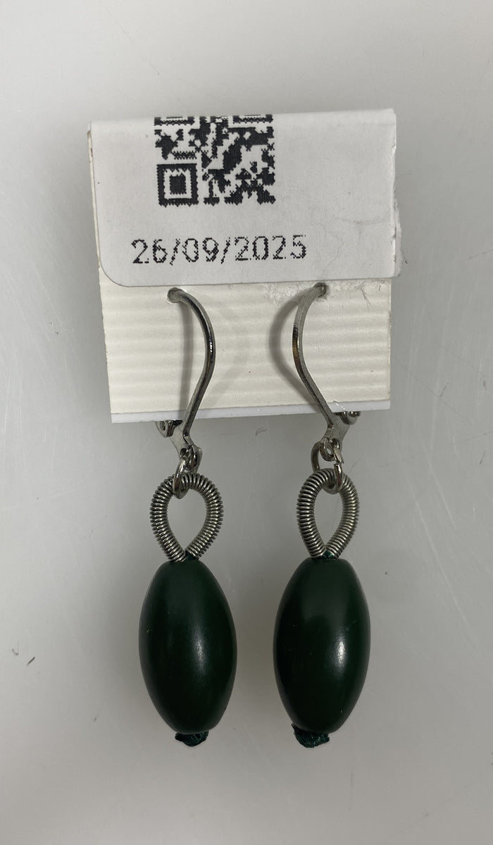 Silver Spring Wire Green Bead Dangle Earrings
