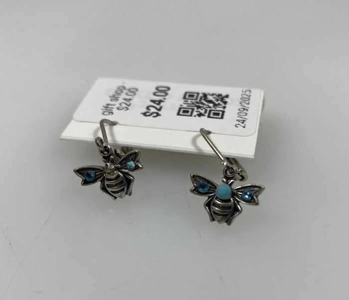 Silver Teal Crystal Bee Earrings