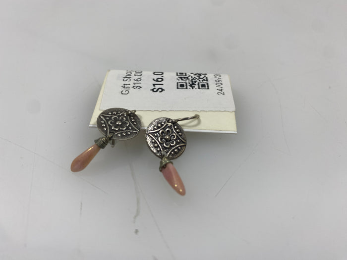 Silver Textured Dangle Pink Stone Charm Earrings