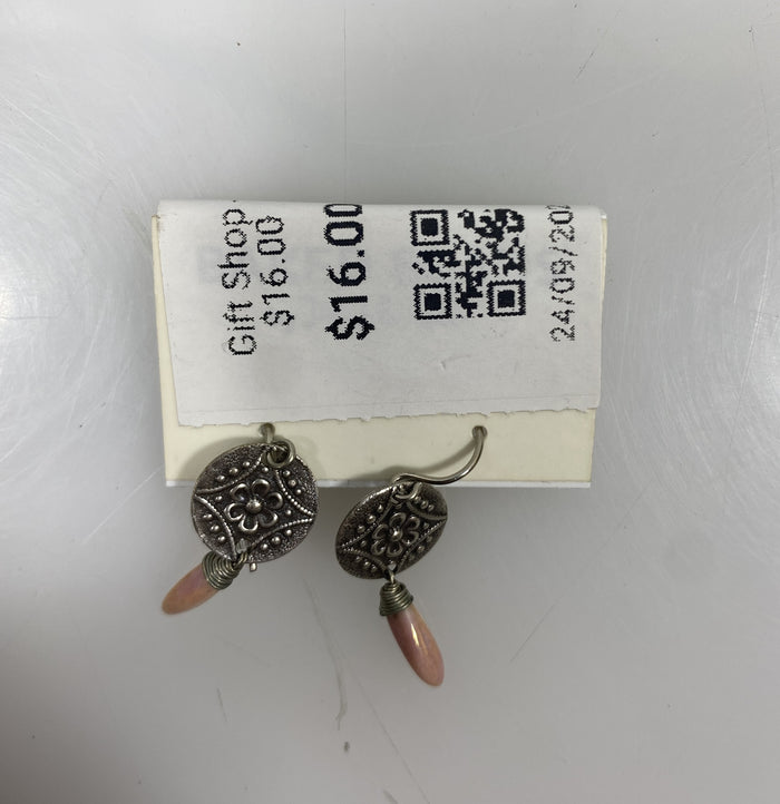 Silver Textured Dangle Pink Stone Charm Earrings