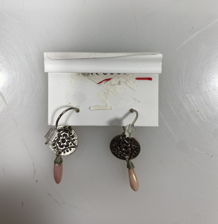 Silver Textured Dangle Pink Stone Charm Earrings