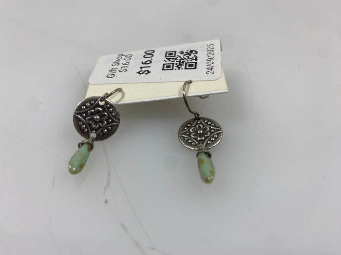 Silver Textured Dangle Teal Stone Charm Earrings