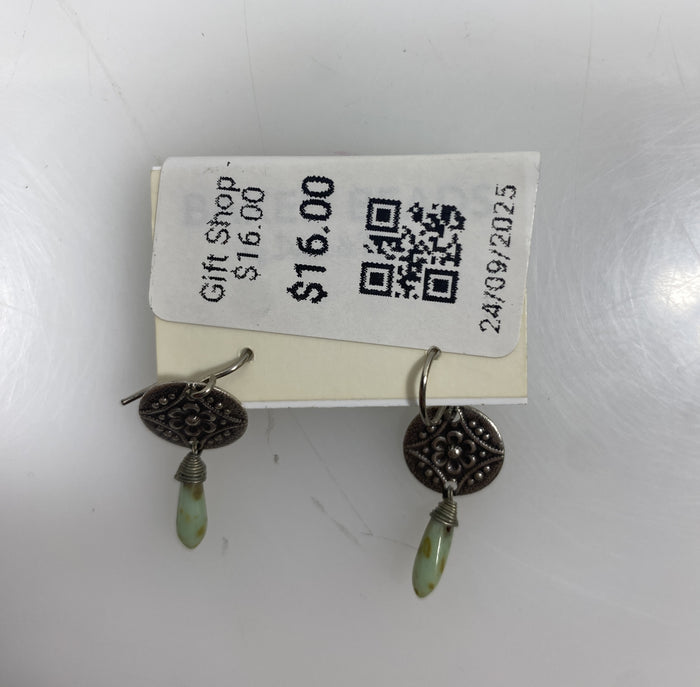 Silver Textured Dangle Teal Stone Charm Earrings