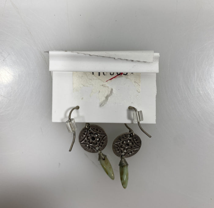 Silver Textured Dangle Teal Stone Charm Earrings