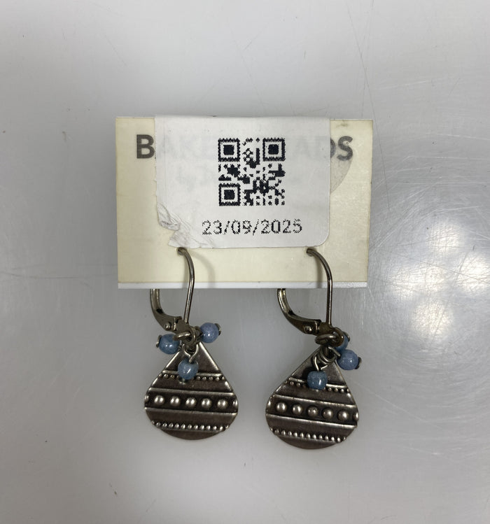 Silver Textured Raindrop Blue Bead Charm Earrings