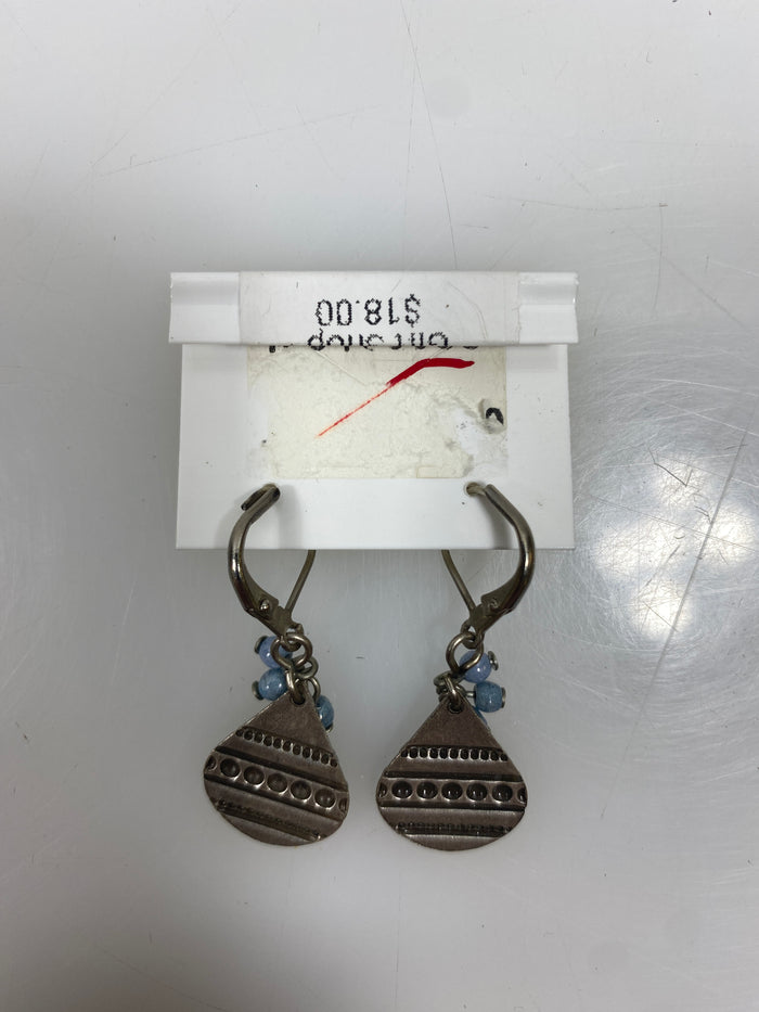 Silver Textured Raindrop Blue Bead Charm Earrings