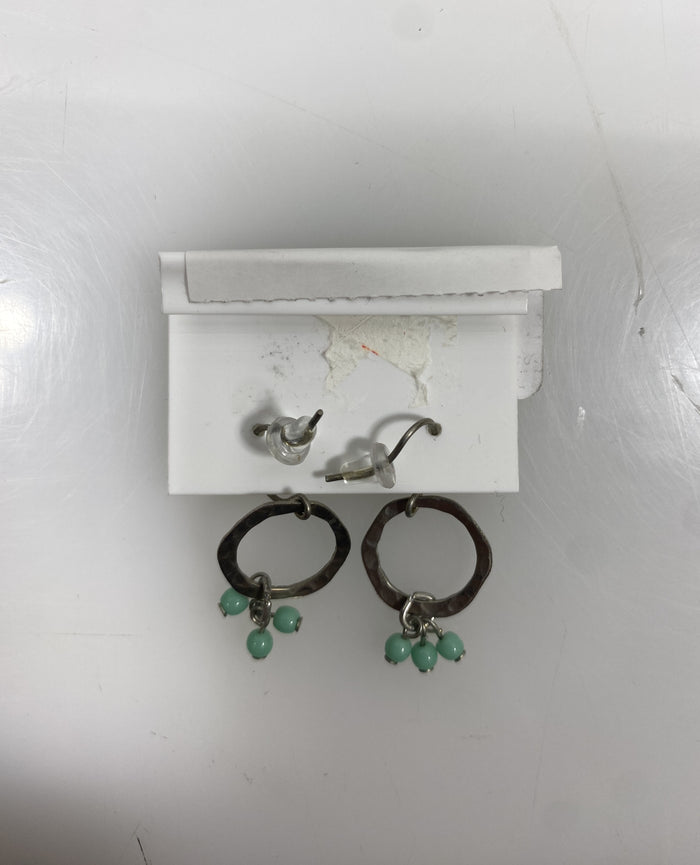 Silver Textured Ring Teal Bead Charm Earrings