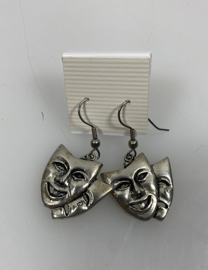 Silver Theater Mask Dangle Earrings
