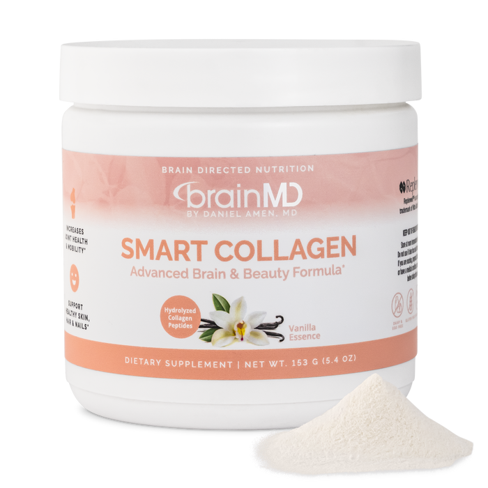 BrainMD Smart Collagen: image of peach-hued supplement container and mound of off-white powder against transparent background