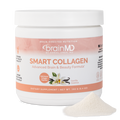 BrainMD Smart Collagen: image of peach-hued supplement container and mound of off-white powder against transparent background