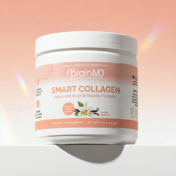 Peach-colored supplement tub against a peach-colored background.