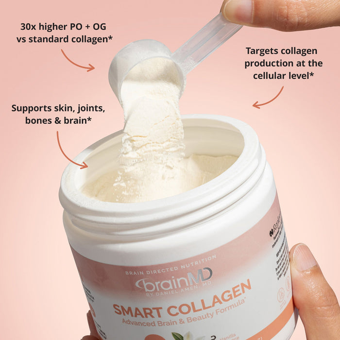 BrainMD Smart Collagen: infographic, scoop of powder and peach-hued supplement container with phrases highlighting benefits