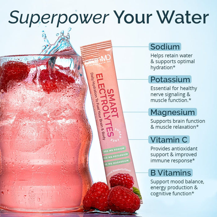 Image of Smart Electrolytes raspberry splash representing Smart Electrolytes hydration and flavor and highlighting ingredients such as sodium, potassium, magnesium, vitamin c, and b vitamins