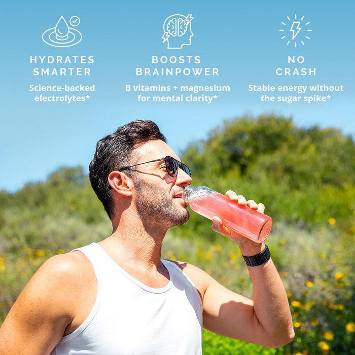 Smart Electrolytes benefits image highlighting hydrates smarter, boosts brainpower, no crash, sugar free, mental clarity, and science-backed.