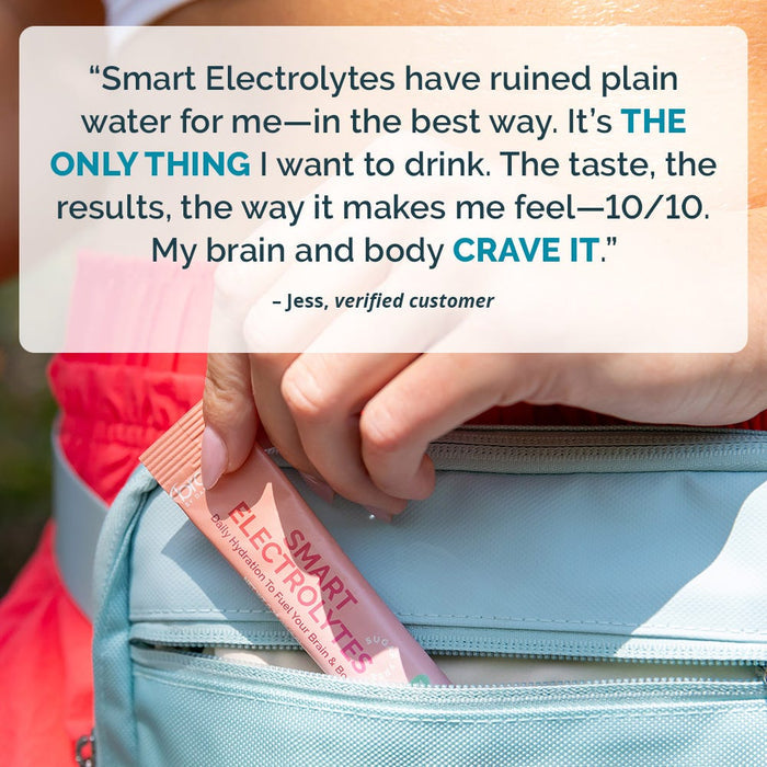 Smart Electrolytes customer review quote highlighting how the tasty flavor has ruined plain water, makes them feel amazing, and leaves their brain and body craving more.