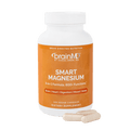 Orange supplement bottle with white capsules at the base against a transparent background.