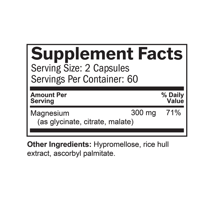 Supplement Facts box with the ingredient, dosing and serving size of Smart Magnesium.