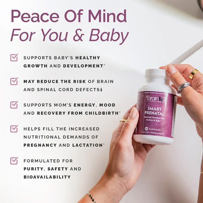 BrainMD Smart Prenatal: infographic, purple supplement bottle next to brief phrases highlighting supplement benefits